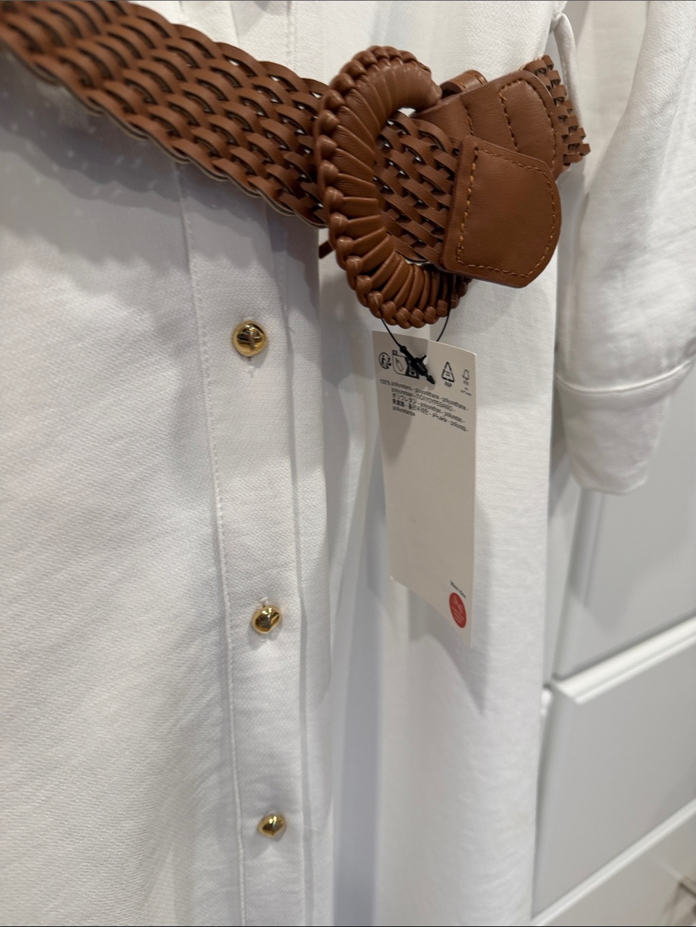 Zara White Button-Front Maxi Shirt Dress with Brown Braided Belt - Picture 4 of 5